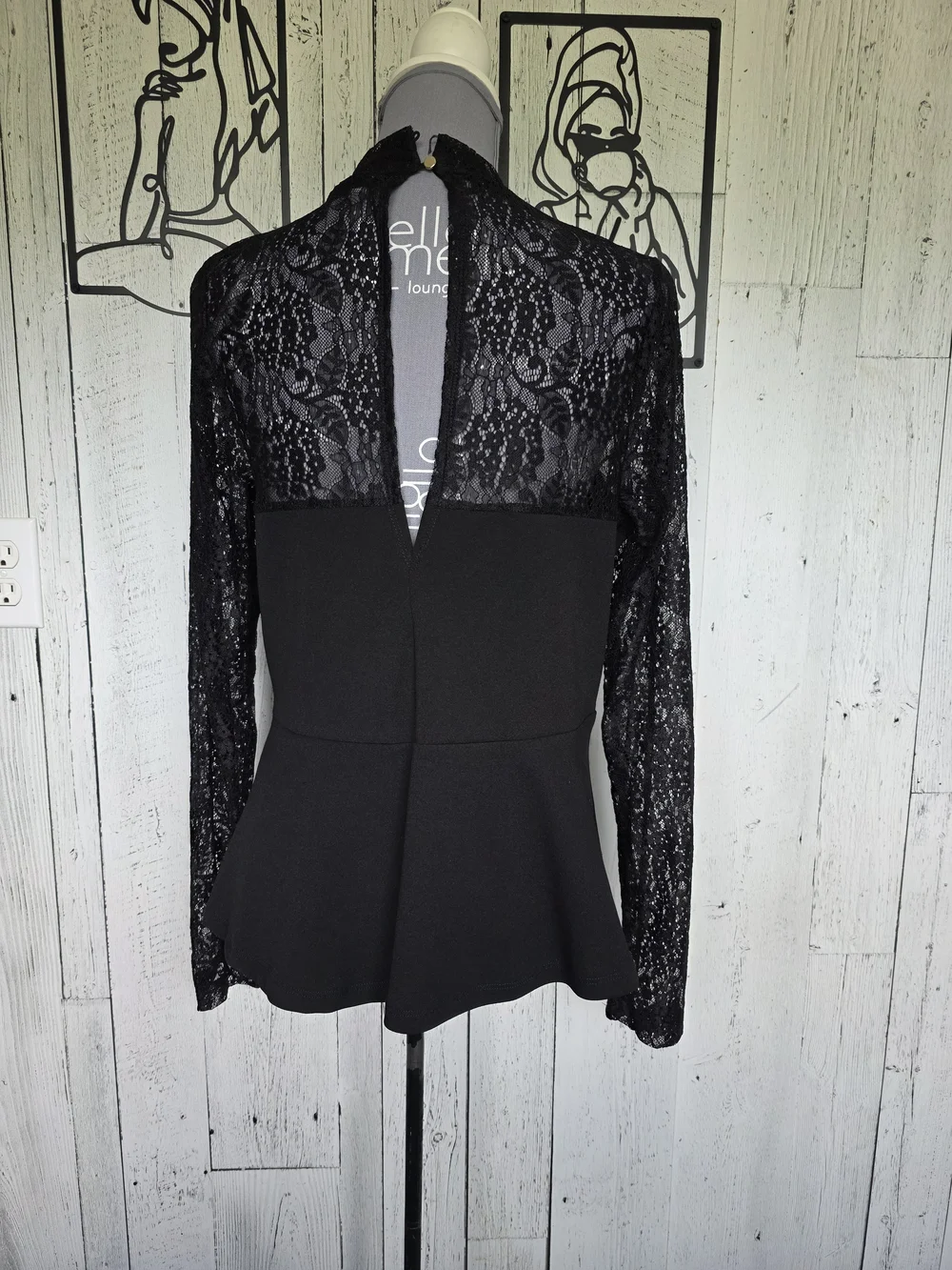 Revamped Black Lace Peplum Top Mock Neck Sweetheart Blouse Est. XL - Picture 3 of 11